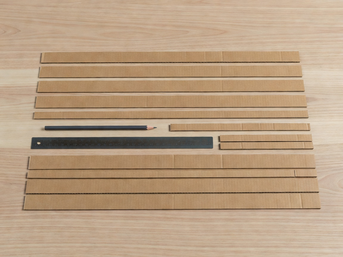 Clean cardboard strips, pencil and ruler laid out for making a fitted drawer divider