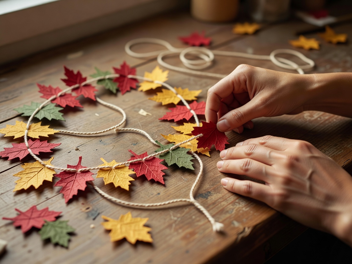 Hands arranging cut-paper leaves along cotton string before hanging a handmade garland