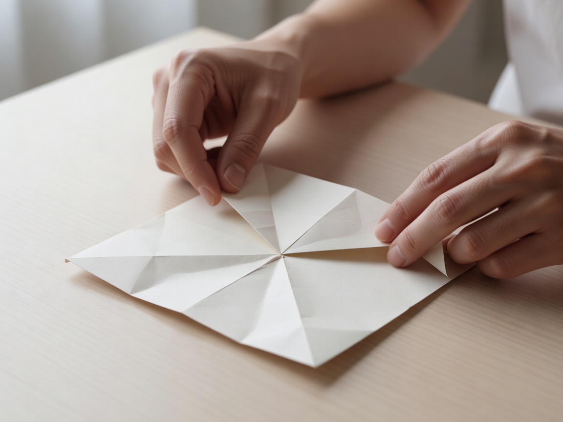 Hands folding the corners of a square sheet toward its centre to begin an origami box