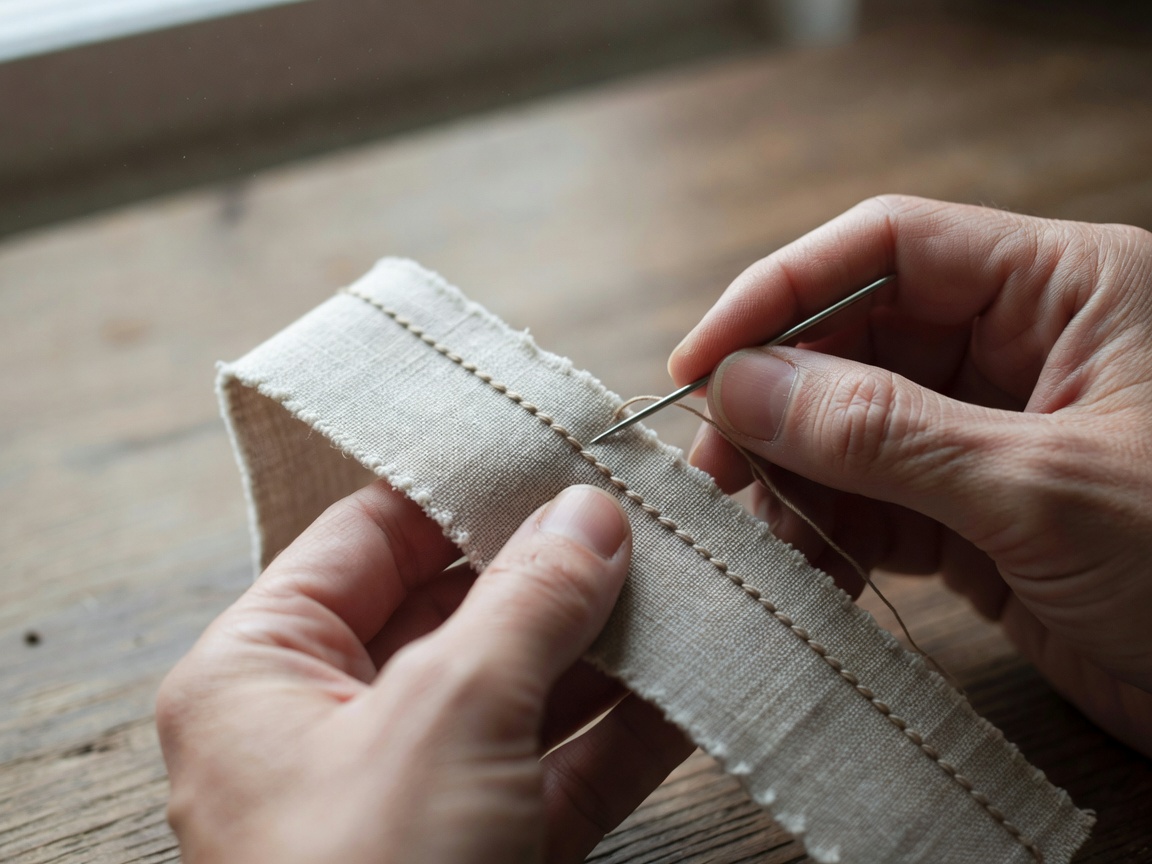Hands sewing small running stitches along the edge of a flat fabric bookmark