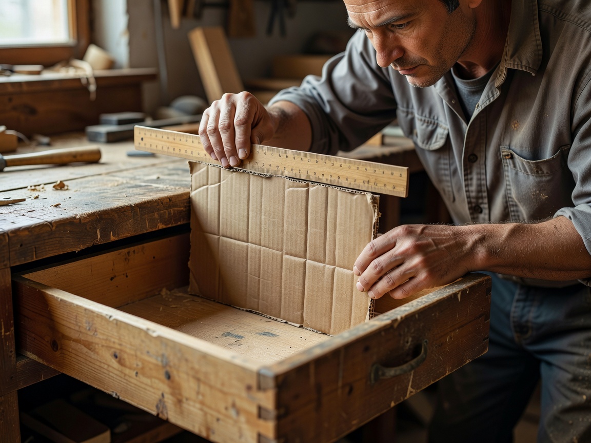A ruler checking the height of a cardboard strip inside an empty drawer