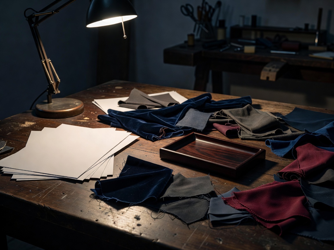 Clean paper, fabric offcuts and a small finished tray arranged on a moody workshop table