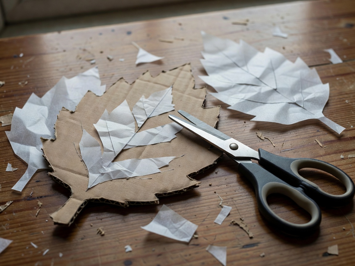 Close-up of a cardboard leaf template, traced paper shapes and scissors on a craft surface