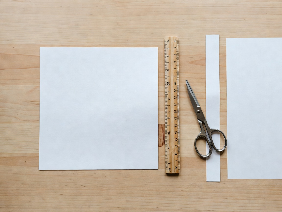 A square paper sheet beside a ruler, scissors and the narrow offcut removed from a rectangular sheet